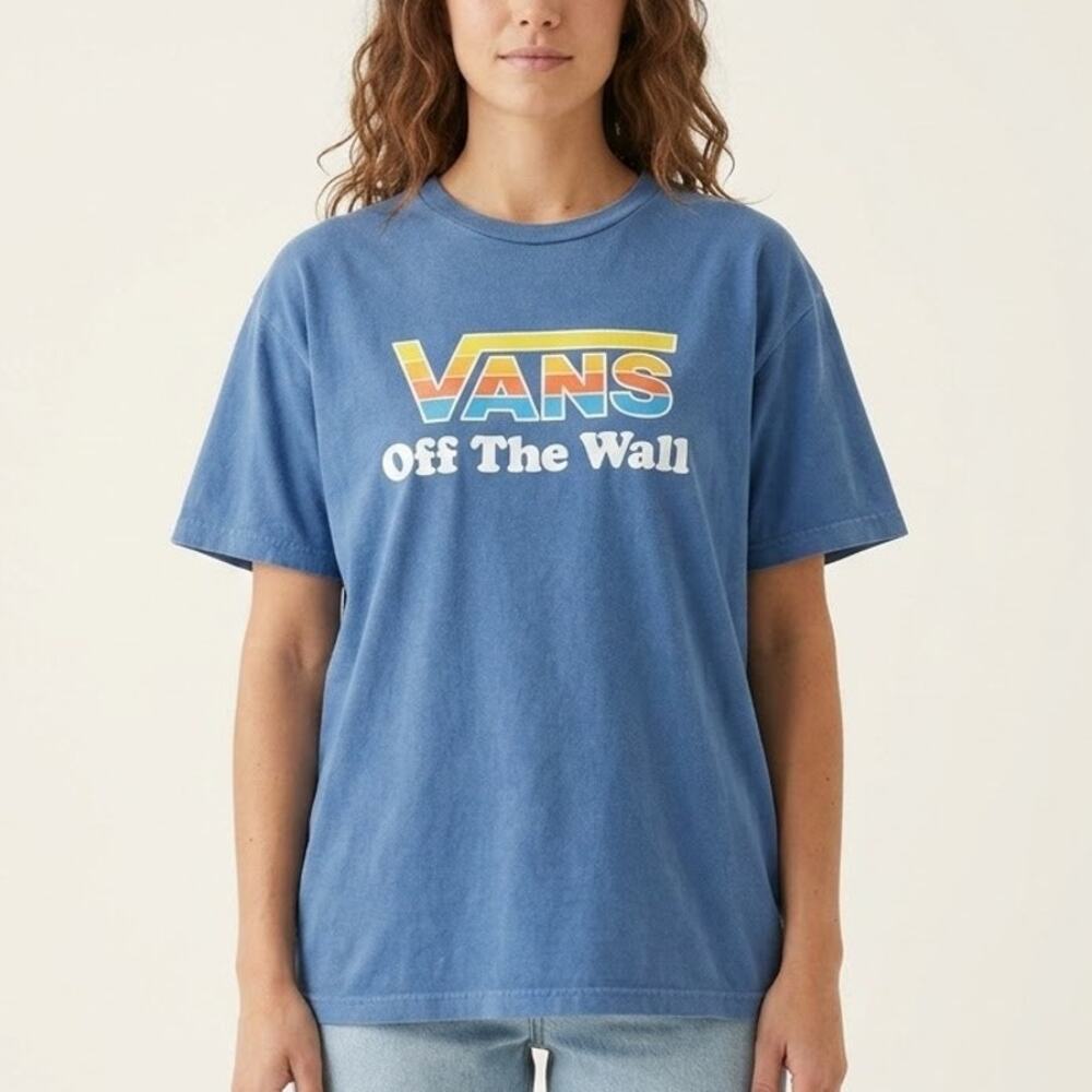Vans Off The Wall Rainbow Graphic Tee Short Sleeve T-Shirt Blue Womens Size L - Picture 2 of 5